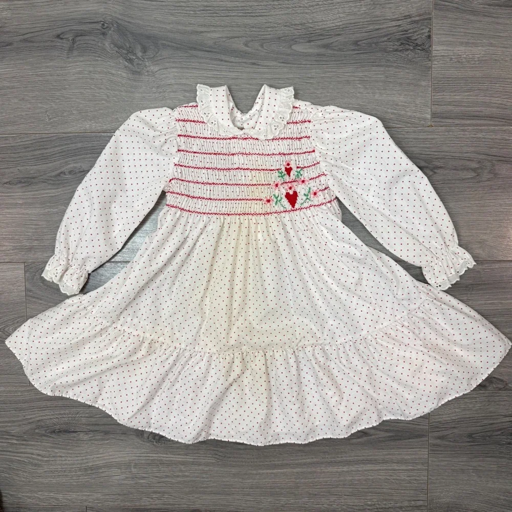 Vintage Polly Flinders Hand‑Smocked Heart Polka Dot Dress White/Red Kids Size 4